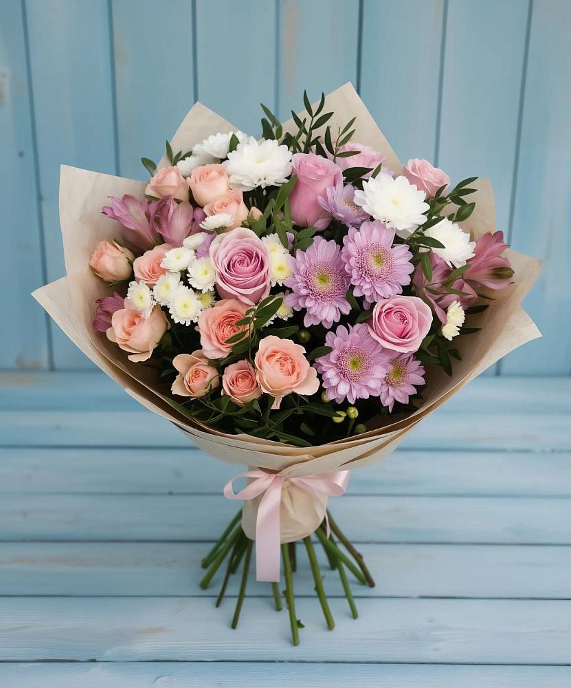 Букет цветов из: Хризантемы, Розы и Альстромерии в Донская Сочи