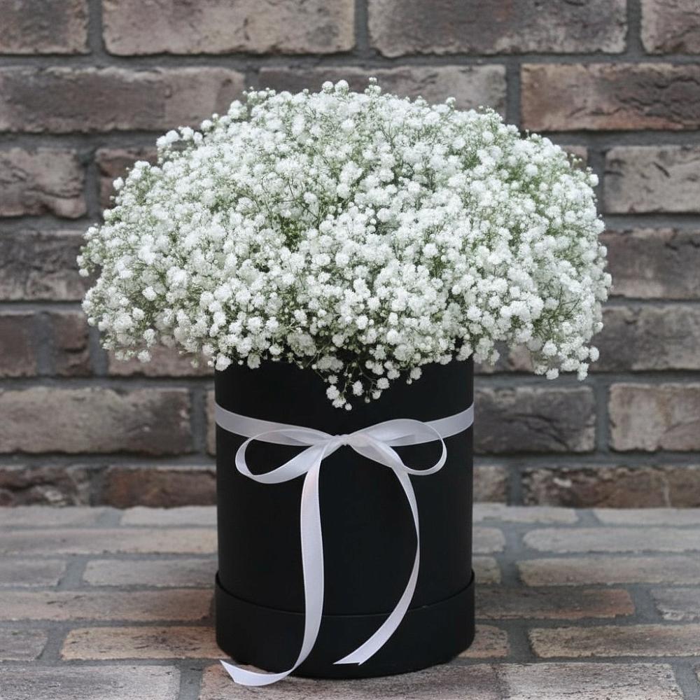 Цветочная композиция из Гипсофила в шляпной коробке в Донская Сочи